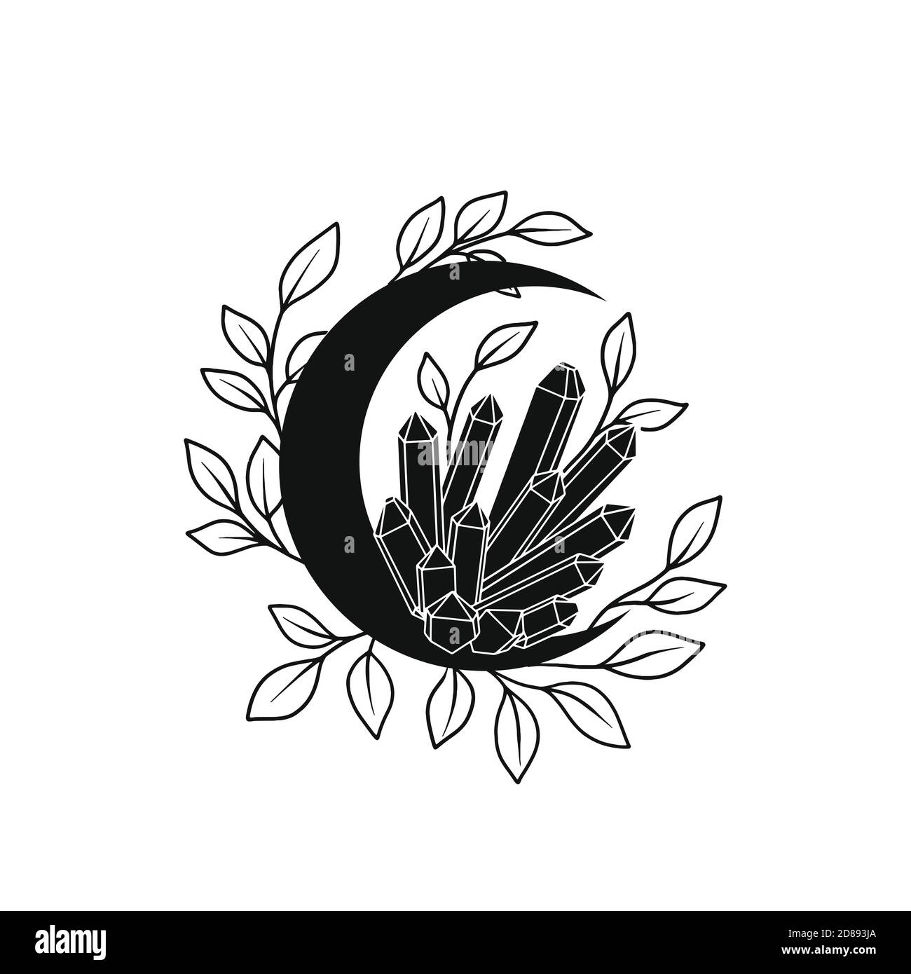 Luna floreale e cristalli cornice vettoriale. Tatoo doodle corona. Poster celestiale di Boho. Illustrazione vettoriale Illustrazione Vettoriale