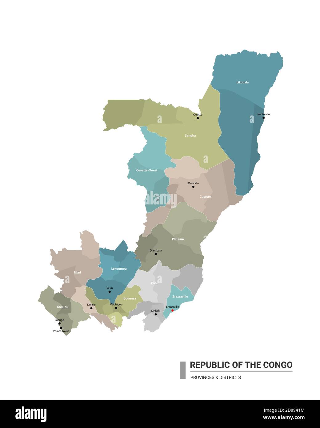 Repubblica del Congo higt Mappa dettagliata con suddivisioni. Mappa amministrativa della Repubblica del Congo con i distretti e le città nome, colorato da stat Illustrazione Vettoriale