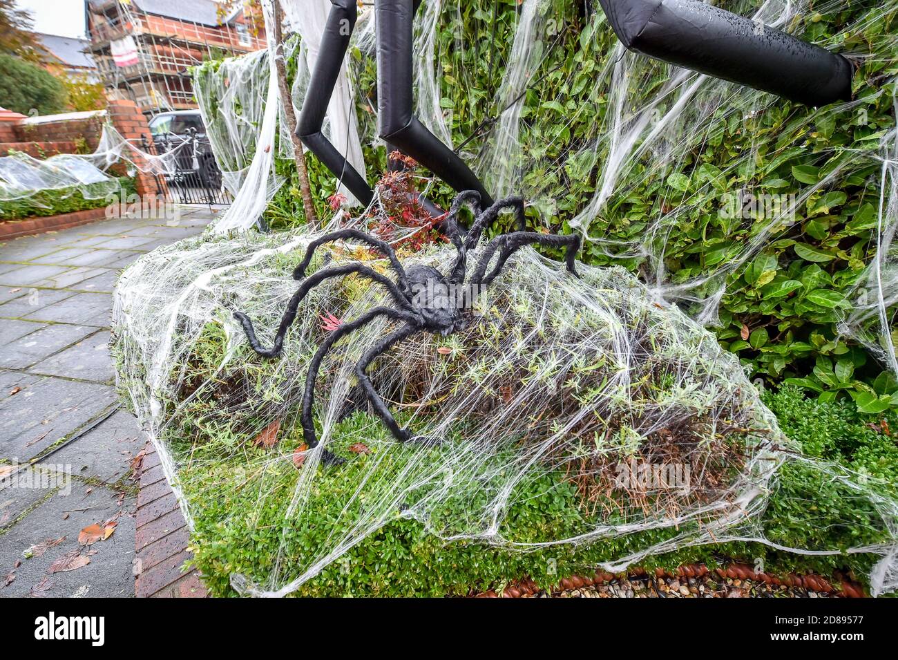 La casa della famiglia Hargreaves a Llandaff, vicino a Cardiff, è decorata e adornata con decine di decorazioni realistiche di Halloween, installato da Danny Hargreaves, che lavora in TV effetti speciali. Foto Stock