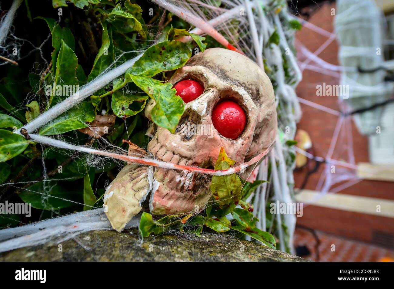 La casa della famiglia Hargreaves a Llandaff, vicino a Cardiff, è decorata e adornata con decine di decorazioni realistiche di Halloween, installato da Danny Hargreaves, che lavora in TV effetti speciali. Foto Stock