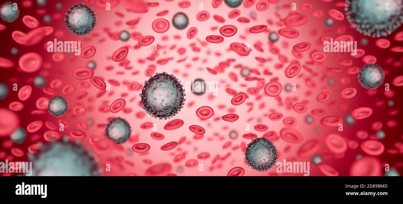 Virus nell'arteria rossa e nel flusso sanguigno, Microbiologia e Virologia Concept 3d Render illustrazione 3d Foto Stock