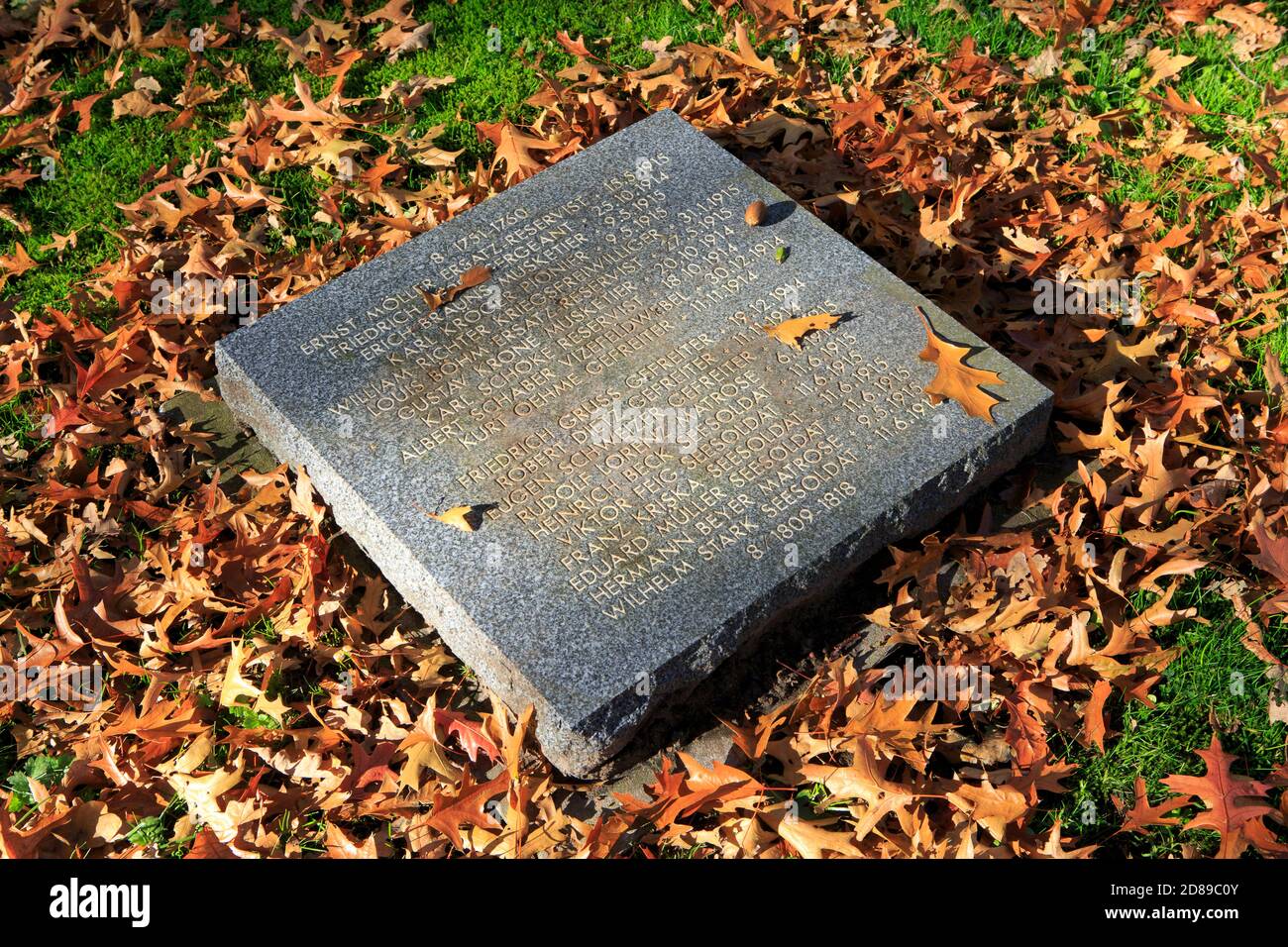 Primo piano di una lapide con i nomi di 20 soldie tedeschi al cimitero di guerra tedesco di Vladslo - Deutscher Soldatenfriedhof Vladslo a Diksmuide, Belgio Foto Stock