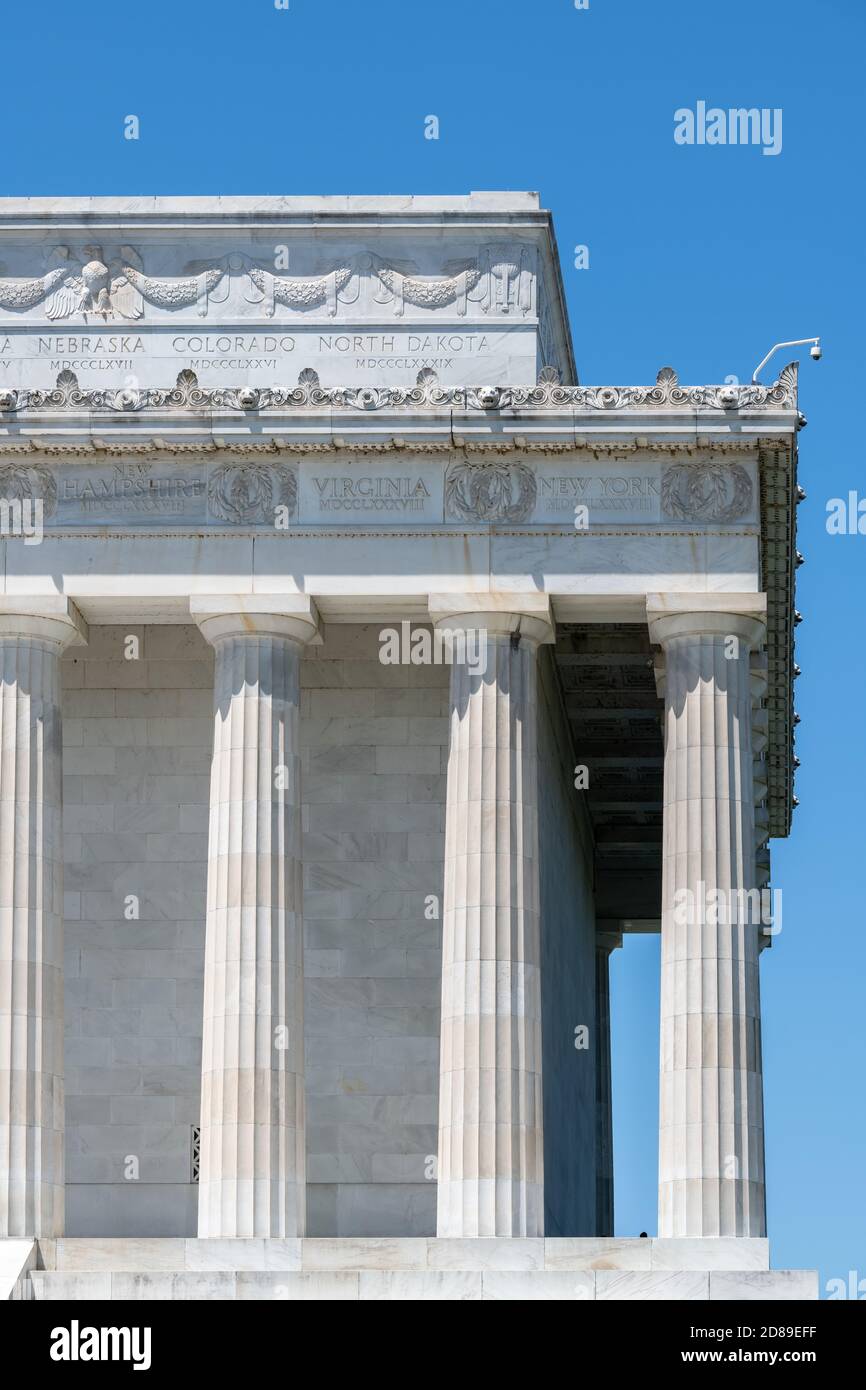 Il colonnato in marmo di Yule del Lincoln Memorial di Henry Bacon del 1922 a Washington DC. Foto Stock