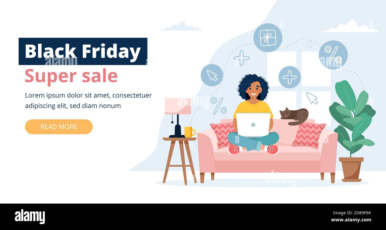 Banner del black friday con una donna che tiene un computer portatile. Modello di illustrazione vettoriale Illustrazione Vettoriale