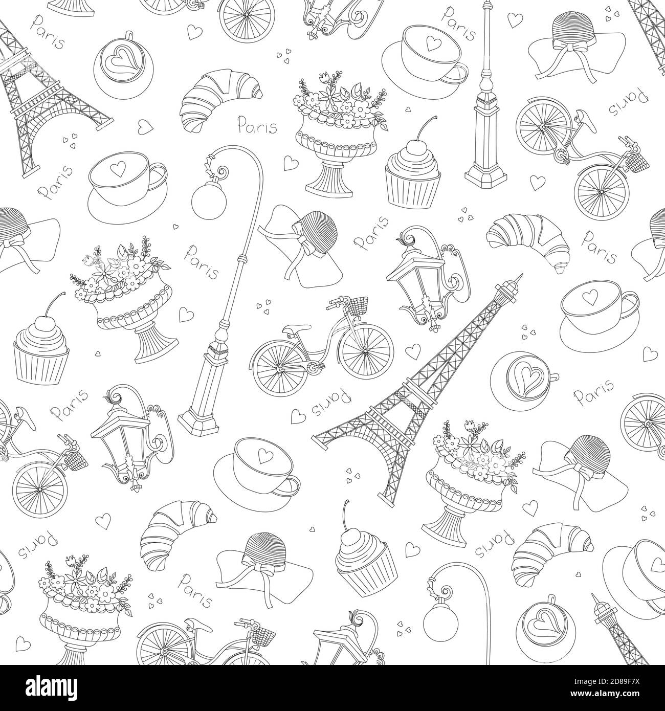 Parigi motivo senza giunture con elementi di schizzo disegnati a mano - eiffel towerh, articoli di moda. Illustrazione vettoriale del doodle del disegno, isolata su bianco Illustrazione Vettoriale