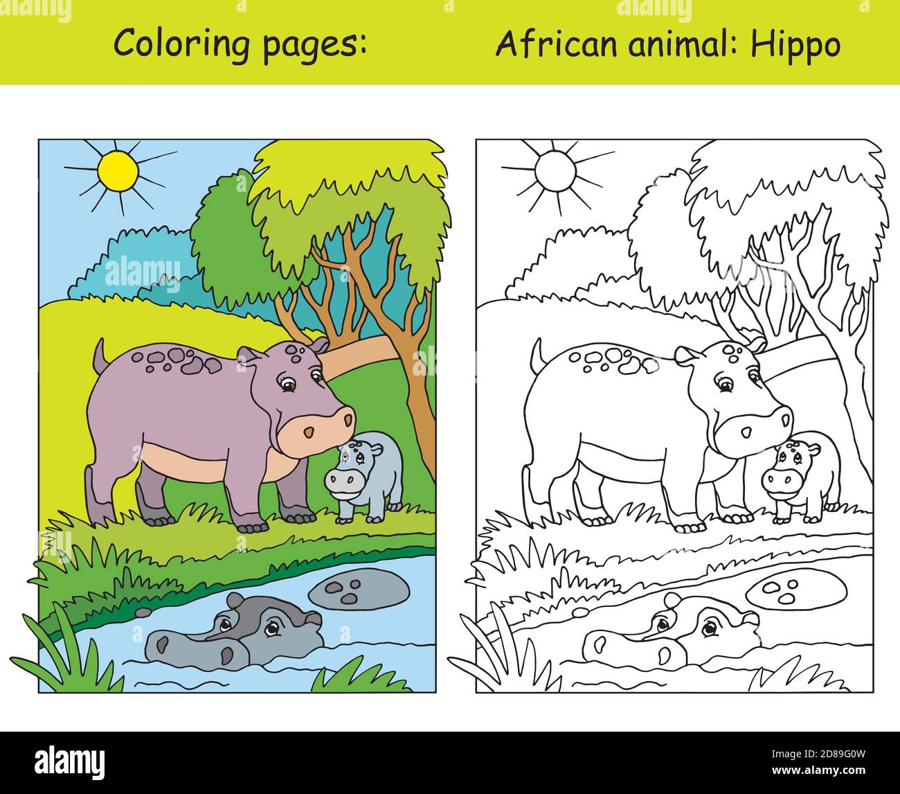 Pagine vettoriali da colorare con carina famiglia ippo in area africana. Cartoon isolato illustrazione colorata. Colorare e colorare l'immagine dell'ippopotamo. Per colorina Illustrazione Vettoriale
