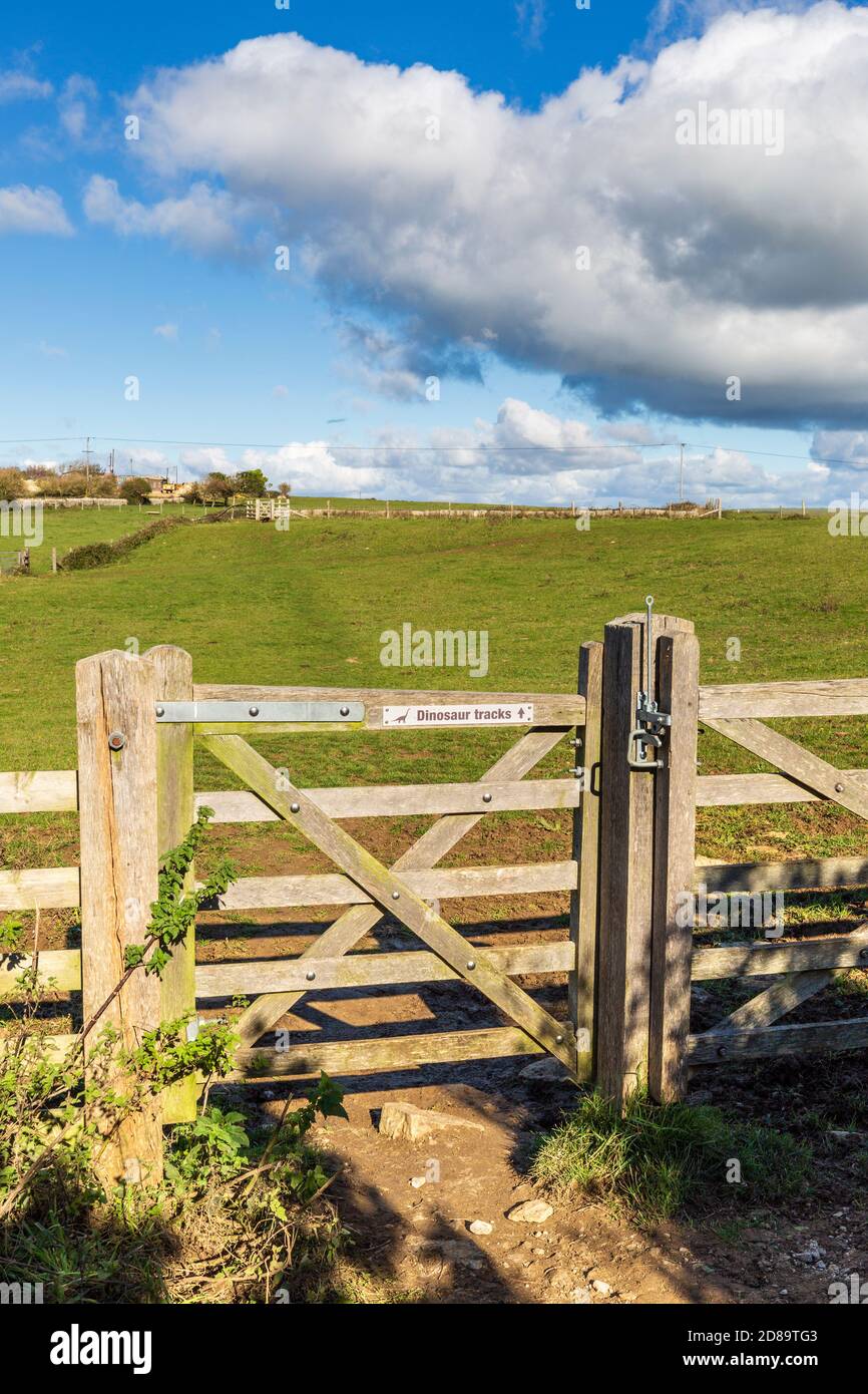 Il cancello che conduce alle impronte dei dinosauri a Keats Quarry sulla Jurassic Coast vicino a Langton Matrasers in Dorset, Inghilterra Foto Stock