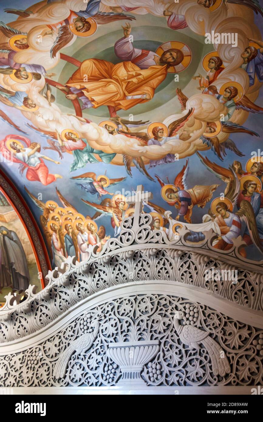Iconografia al Monastero di Agios Nektarios (Saint Nectarios) nell'isola di Egina, Golfo Saronico, Attica, Grecia, Europa. Foto Stock