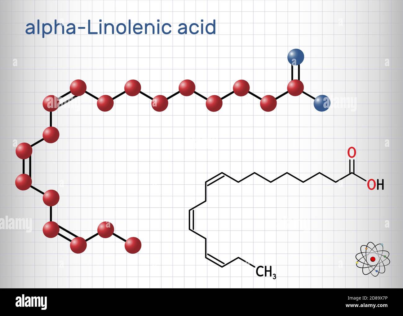 Acido alfa-linolenico, molecola ala. Acido grasso carbossilico, polinsaturo omega-3. Componente di molti oli vegetali comuni. Foglio di carta in gabbia. Illustrazione Vettoriale