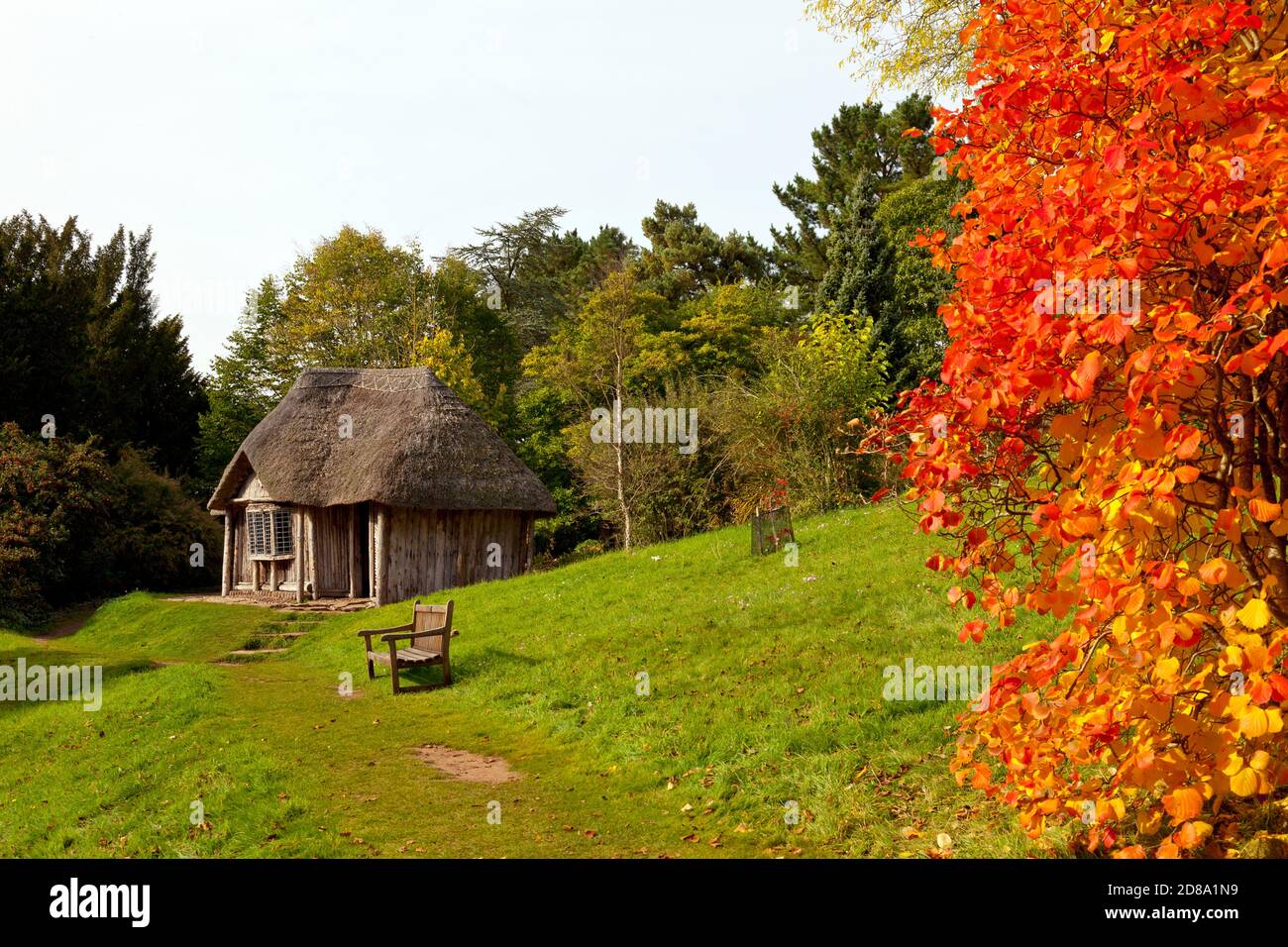 Il tetto di paglia Bear House e lo splendido colore autunnale nei terreni di Killerton House, nr Exeter, Devon, Inghilterra, Regno Unito Foto Stock