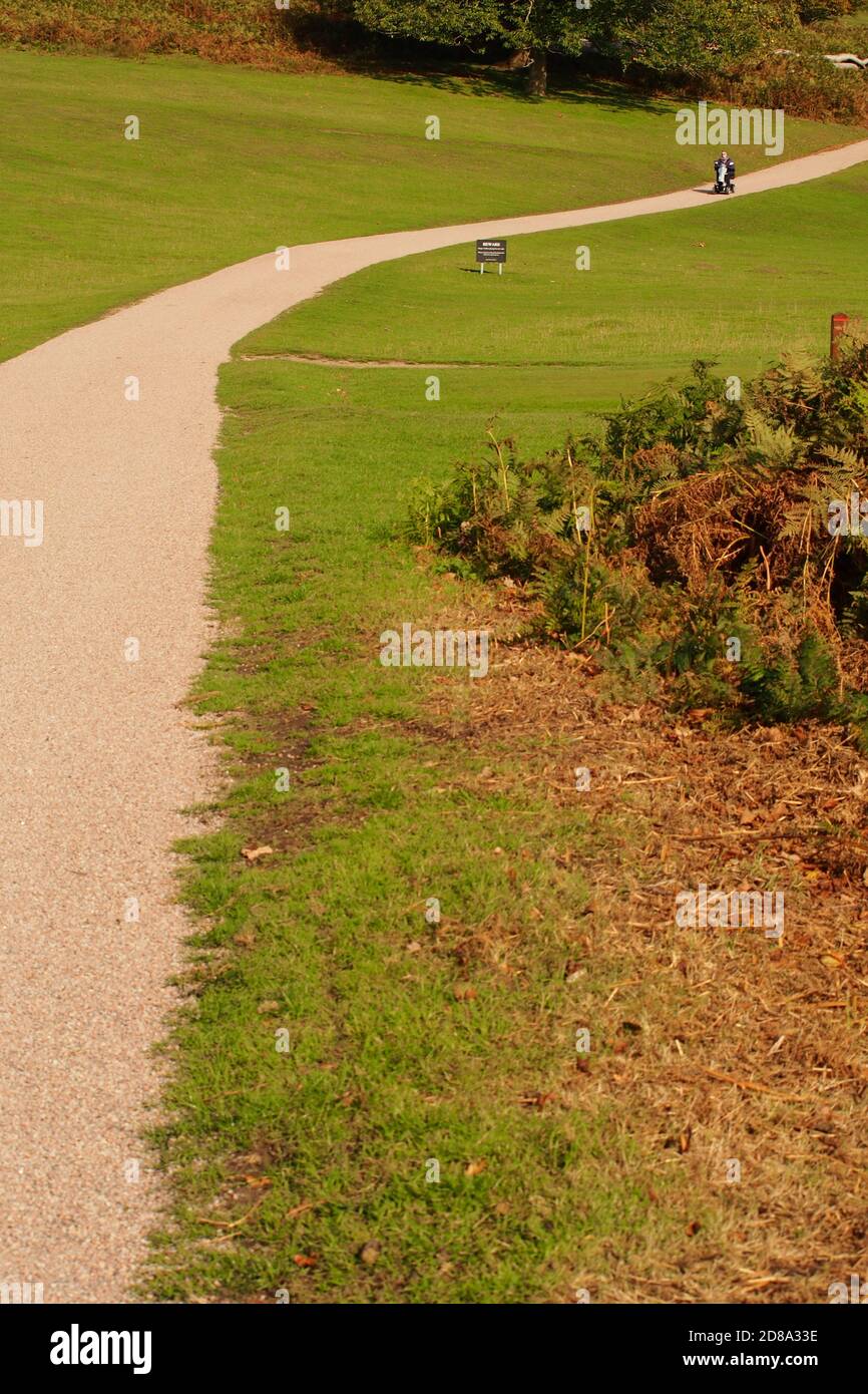 Una donna anziana in uno scooter da mobilità che ha un lungo decadimento percorso ripido attraverso un campo da golf su un luminoso sole giorno d'autunno Foto Stock