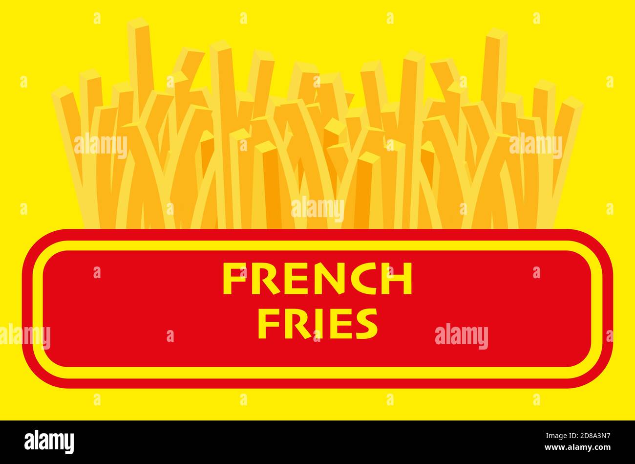 Illustrazione vettoriale di French Fries in una confezione di cartone da togliere rossa, isolata su sfondo giallo Illustrazione Vettoriale