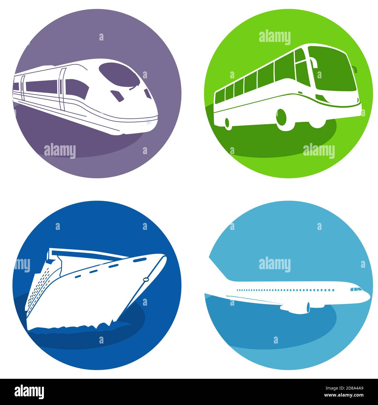Viaggio in autobus, treno espresso, nave da crociera e aereo, trasporto turistico Illustrazione Vettoriale