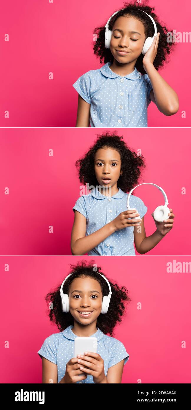collage di scioccato e sorridente carino ricciolo afroamericano con cuffie e smartphone isolati in rosa Foto Stock