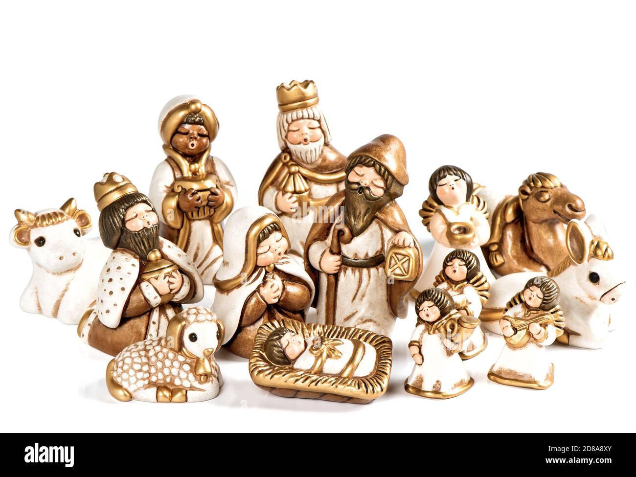 Presepe di Natale. Presepe scena. Sacra famiglia. Gesù Cristo, Maria e Giuseppe, angeli e tre re Foto Stock