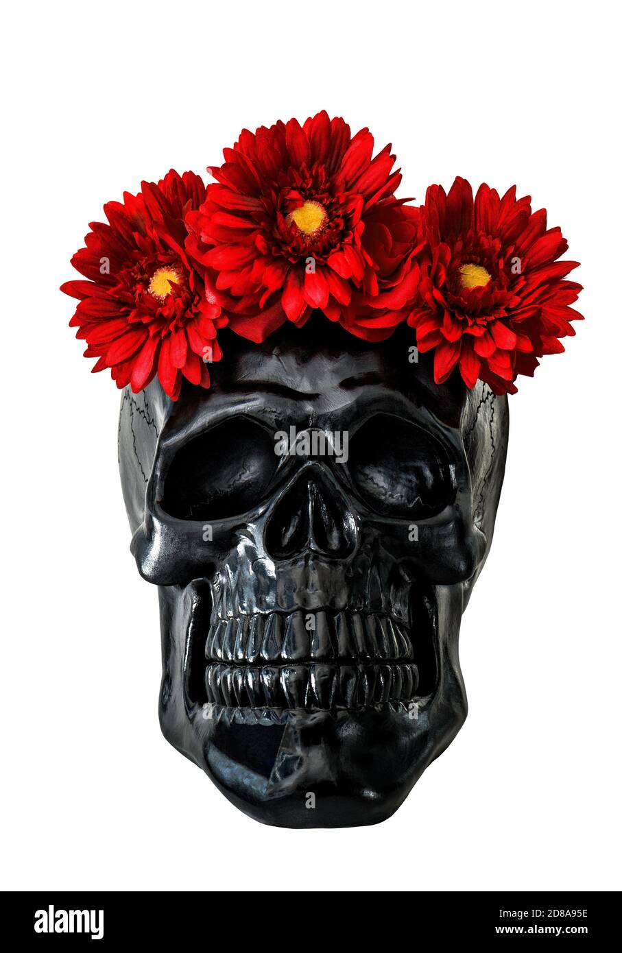 Cranio nero con fiori rossi. Decorazione di Halloween Foto Stock