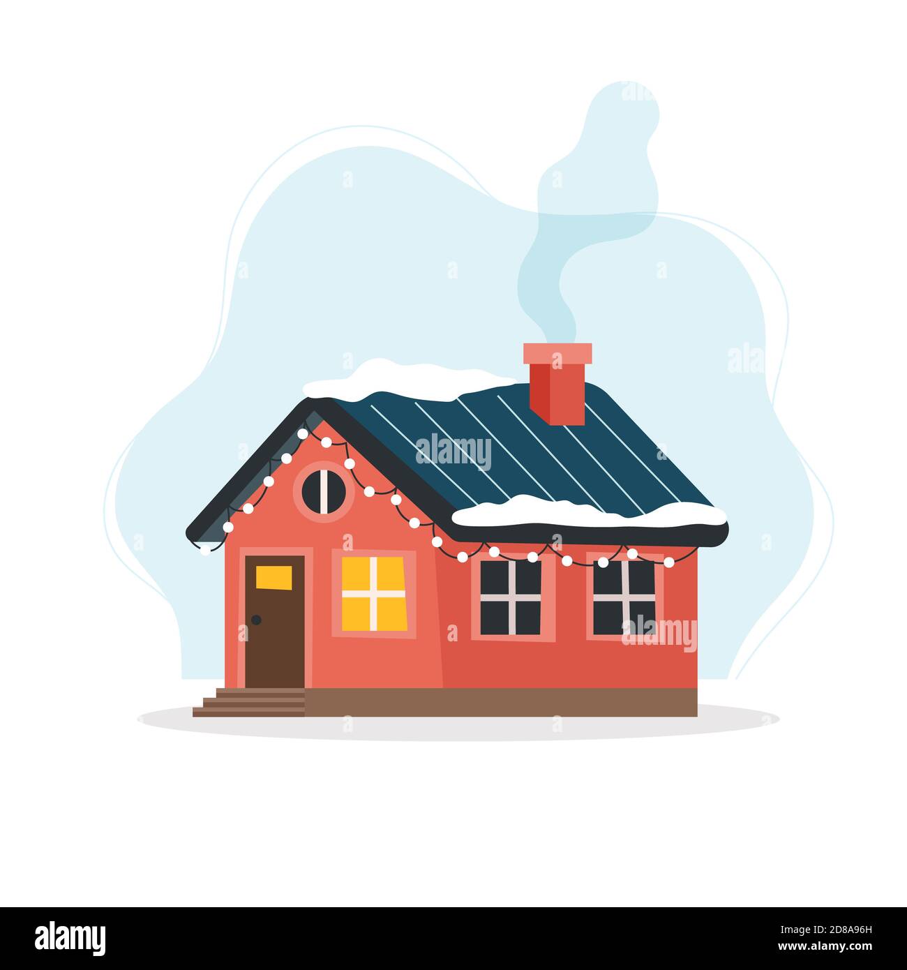 Bella casa d'inverno decorata con luci. Illustrazione in stile piatto Foto Stock