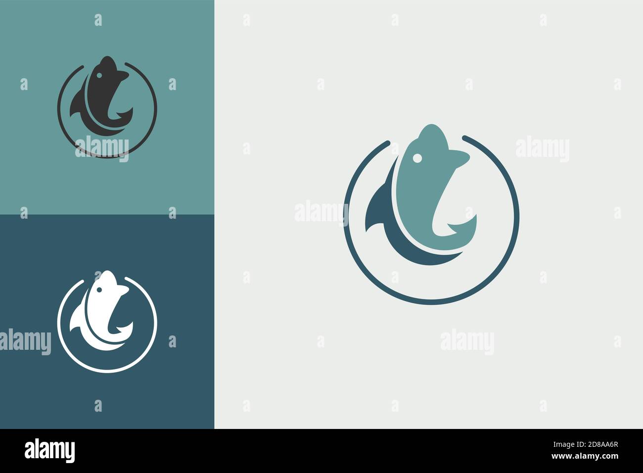 Logo Fish, con coda a forma di fishhook, logo design concetto di pesca. Illustrazione Vettoriale