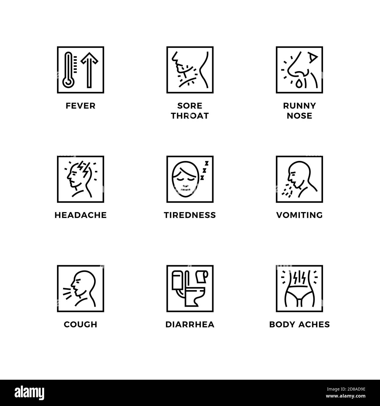 Insieme vettoriale di elementi di design, modello di logo, icone e badge per malattia. Set di icone di linea, tratto modificabile. Illustrazione Vettoriale