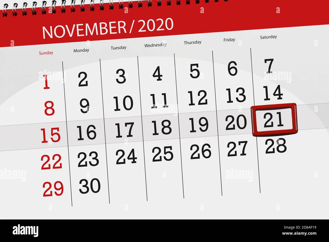 Calendario pianificatore per il mese novembre 2020, data di scadenza, 21, sabato. Foto Stock