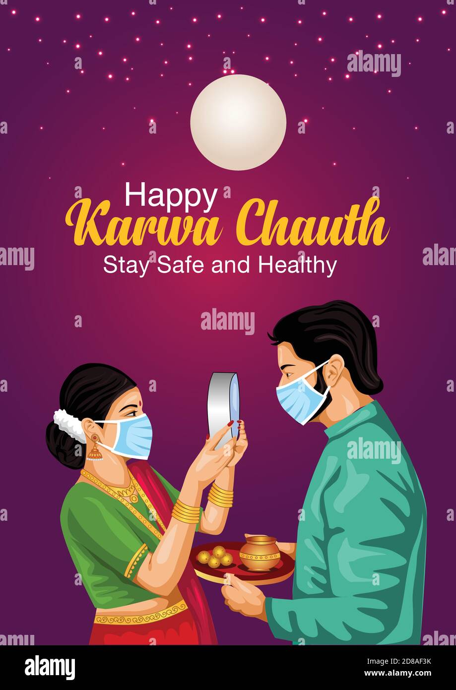 Illustrazione del Festival indù indiano Happy Karva Chaumh sfondo con coppia facendo Karwa Chaumh. Covid 19, concetto di virus corona Illustrazione Vettoriale