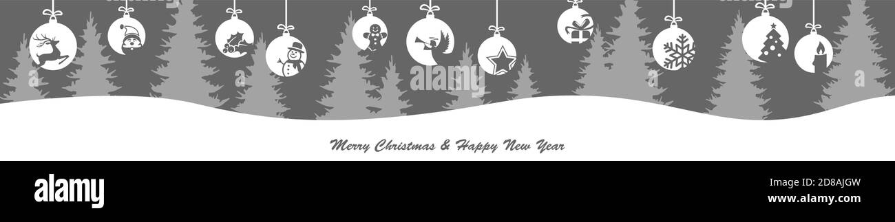 eps10 vettore con baubles appesi di colore bianco con astratto diverso icone per i concetti di natale e inverno con grigio chiaro abeti backgrou Illustrazione Vettoriale