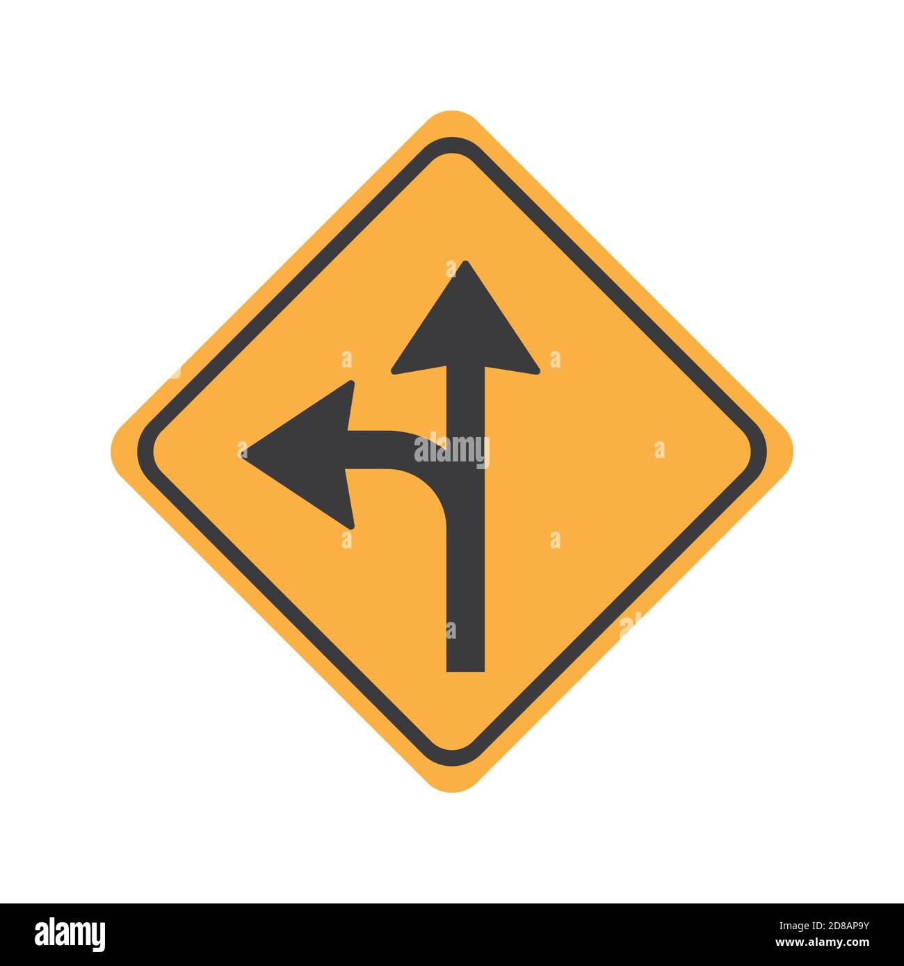 Girare a sinistra o procedere dritto glifo icona segnaletica stradale illustrazione vettoriale su sfondo bianco. Svolta a sinistra o procedi dritto con il cartello con l'icona Illustrazione Vettoriale