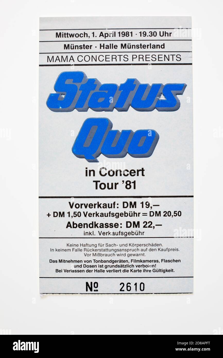 Troncone del biglietto per Status Quo in Concert World tour 1981. 1 aprile 1981 presso l'Halle Munsterland, Munster, Germania. *questa è una foto di riserva, non un biglietto! Foto Stock