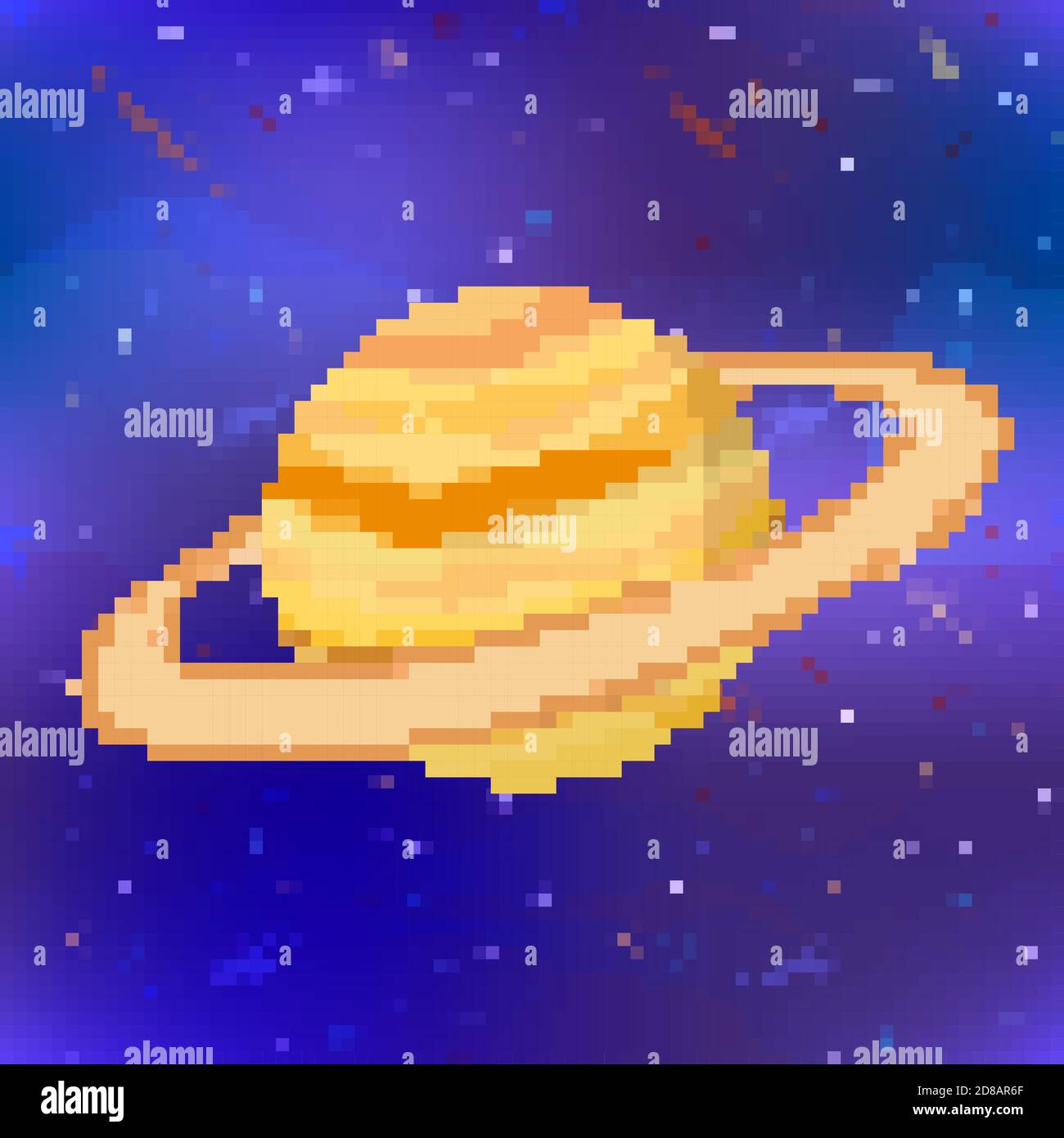 Saturno luminoso, pianeta carino in stile pixel art su sfondo spazio Illustrazione Vettoriale