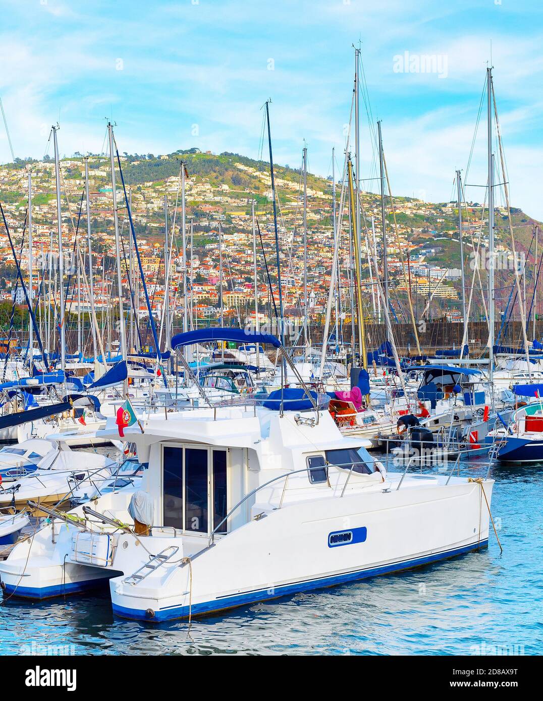 Marina con yacht bianchi e motoscafi, Funchal paesaggio urbano su collina sullo sfondo, Madeira, Portogallo Foto Stock