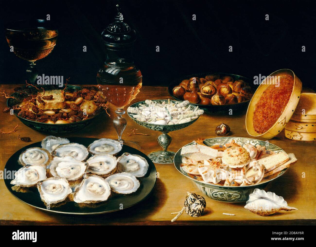 Piatti con ostriche, frutta e vino - Osias Beert il Vecchio, circa 1625 Foto Stock