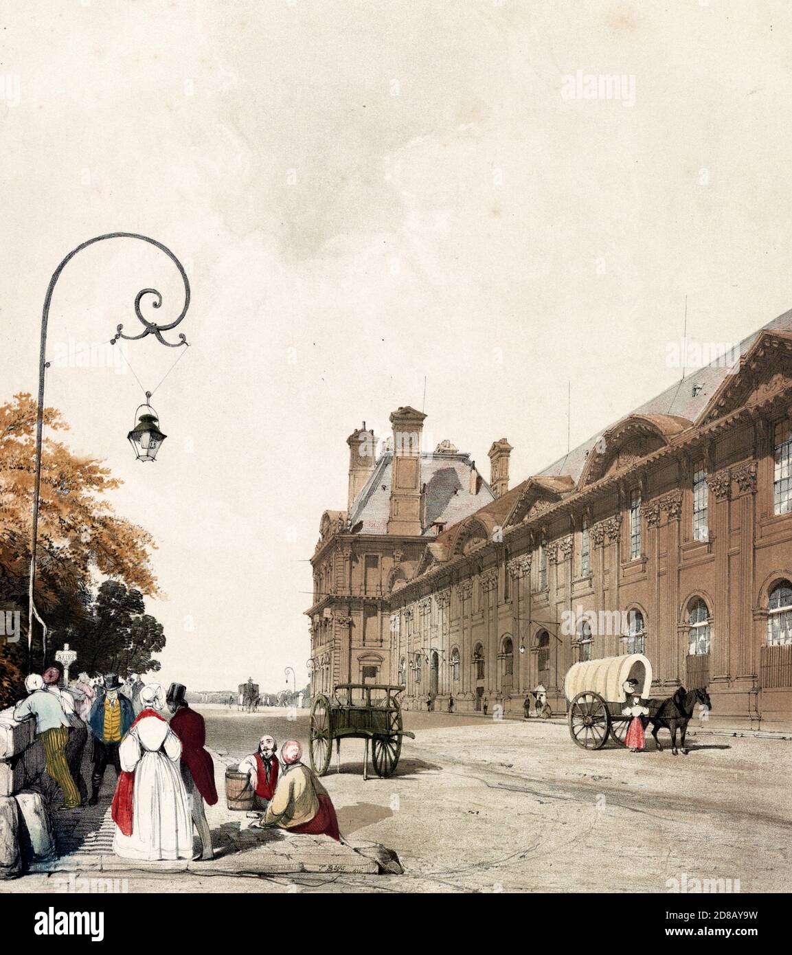 Pavillon de Flore, Tuileries - Stampa mostra una scena di strada a Parigi, Francia, tra il fiume Senna (a sinistra) e il palazzo reale Tuileries, 1839 Foto Stock