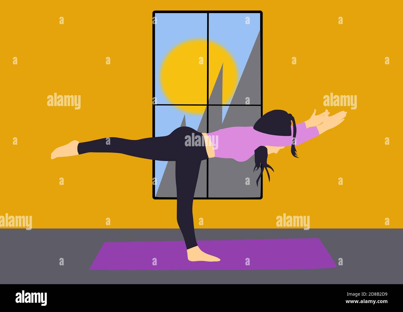 Donna che pratica yoga in una stanza con sfondo paesaggistico. Foto Stock