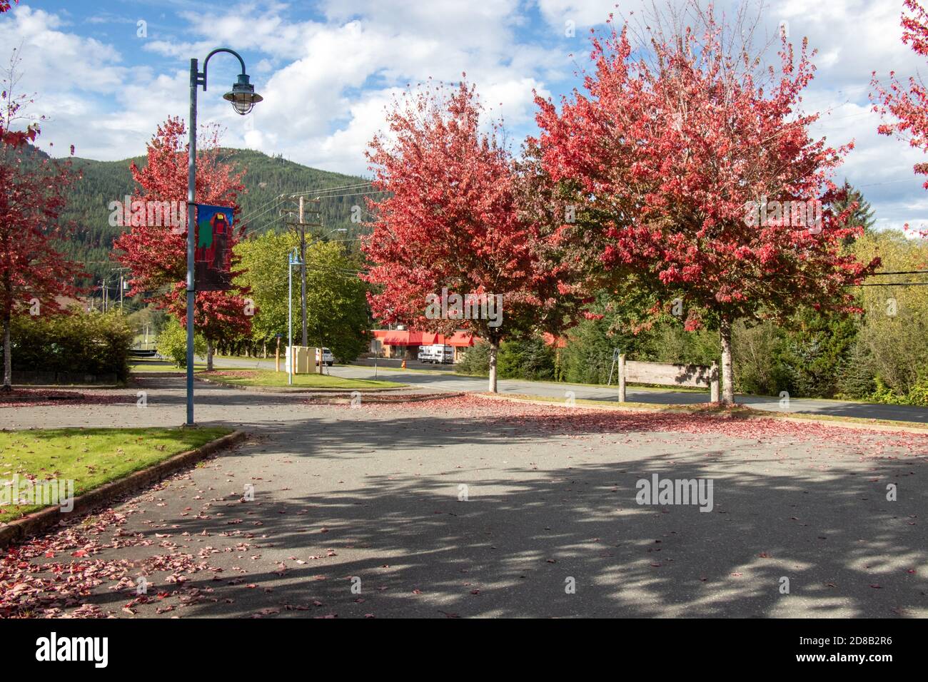 Sayward, Canada - Ottobre 7,2020: Vista di un parcheggio all'ingresso della scuola locale a Sayward, Canada Foto Stock