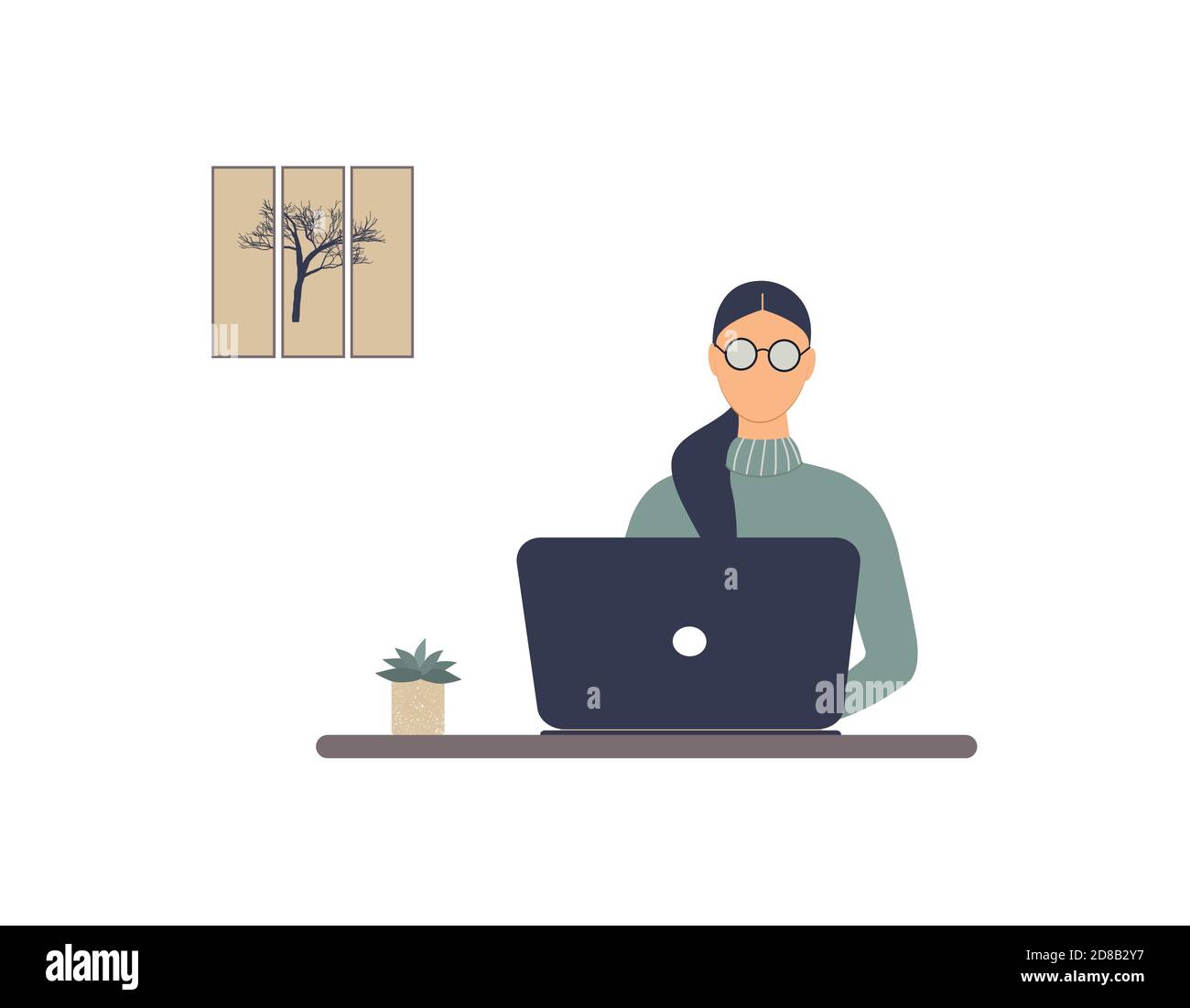 Tutor donna senza volto lavoro su laptop.lavoro remoto, e-learning a distanza o formazione online durante virus Epidemic.Lady trainer o allenatore condotta webinar Illustrazione Vettoriale