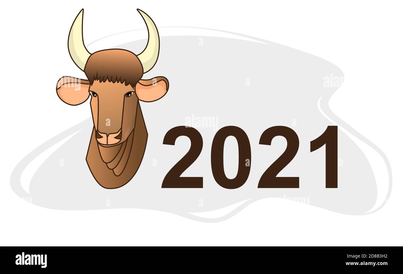 Testa di toro in stile piatto. testo '2021' e sfondo grigio. Biglietto d'auguri per il nuovo anno. Illustrazione Vettoriale