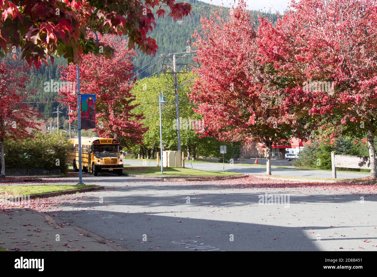 Sayward, Canada - Ottobre 7,2020: Vista di un parcheggio all'ingresso della scuola locale a Sayward, Canada con bus scolastico in background Foto Stock
