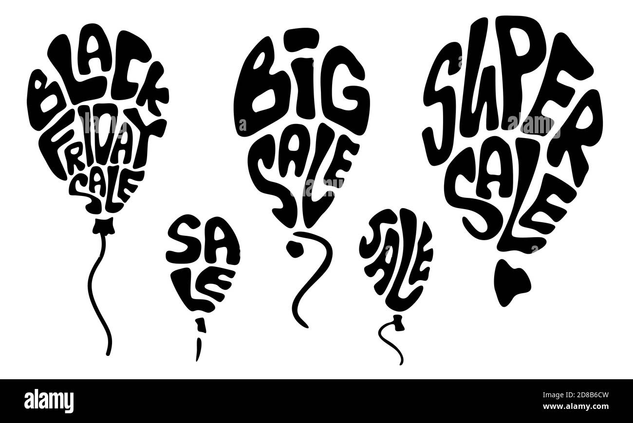 Icona dei palloncini del black friday su sfondo bianco isolato. Grande offerta per biglietti d'invito o regalo, notebook, negozio online, volantino promozionale. Custodia per telefono o clo Illustrazione Vettoriale