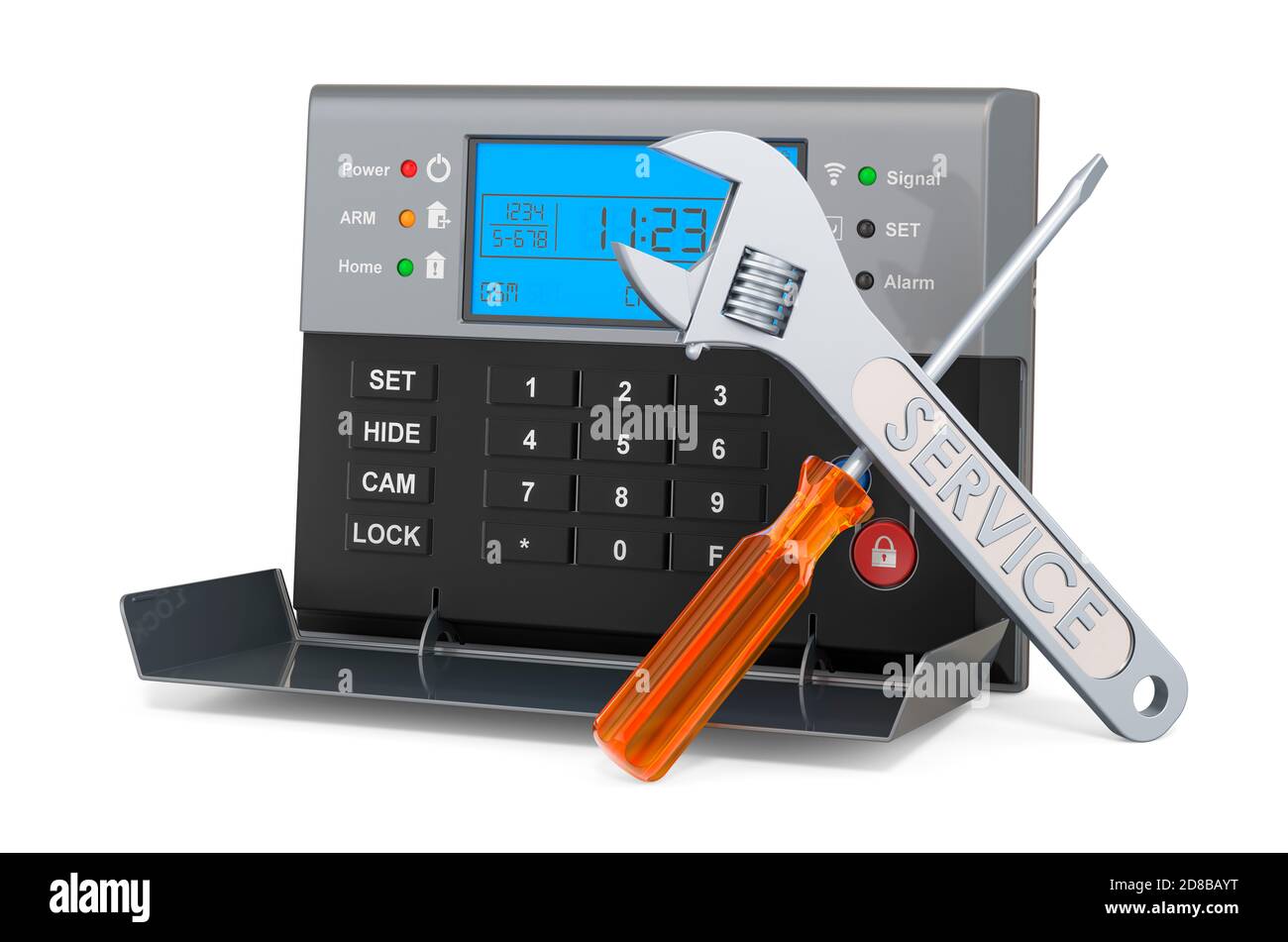 Riparazione e assistenza di sistemi di allarme di sicurezza domestica, rendering 3D isolato su sfondo bianco Foto Stock