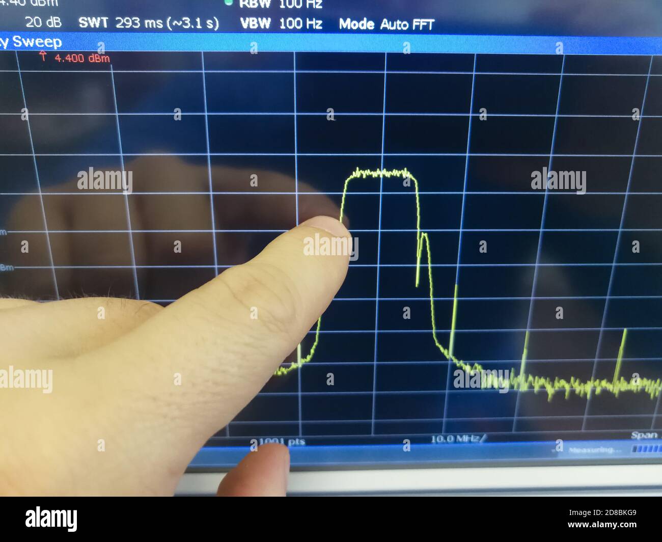 Analisi dello spettro del canale di trasmissione dei dati in radiofrequenza in spettro professionale Schermo LCD dell'analizzatore Foto Stock