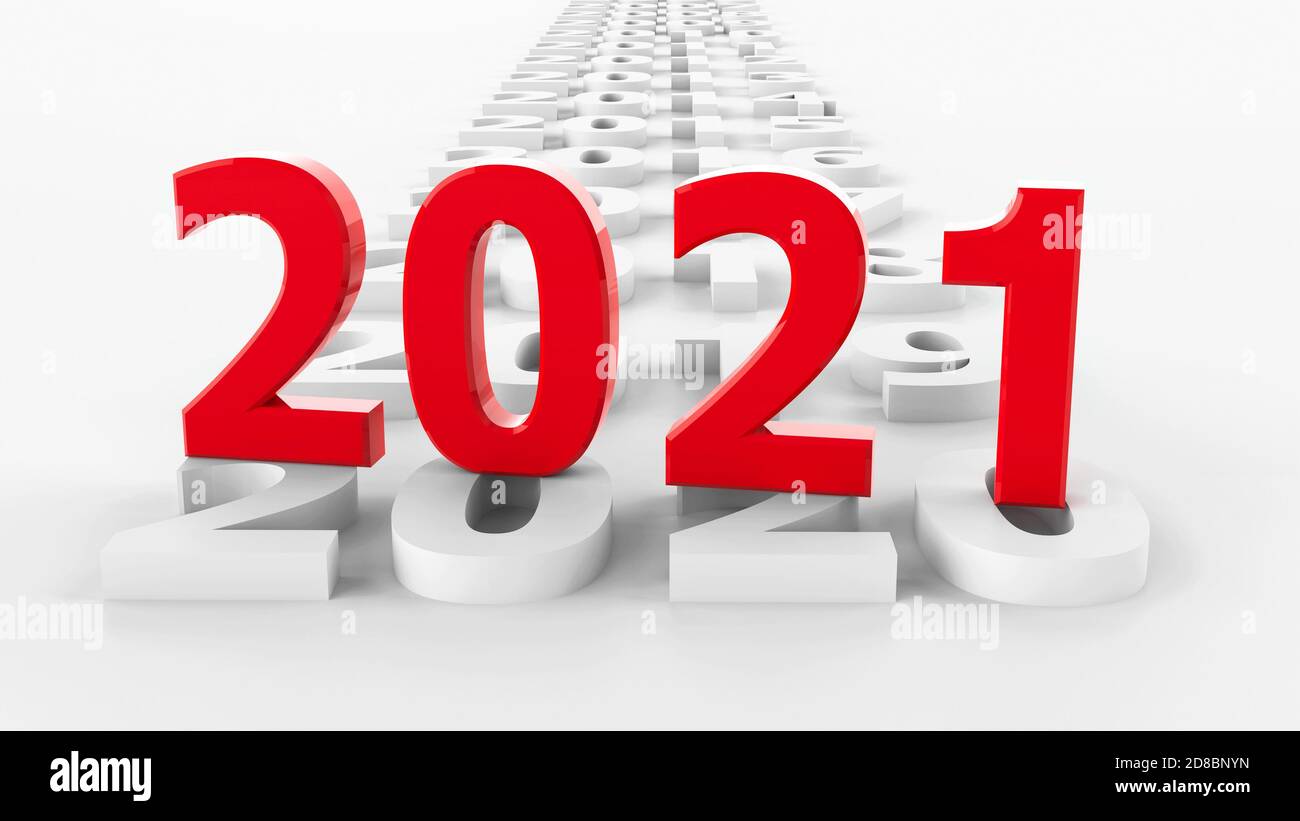 2021 passato rappresenta il nuovo anno 2021, rendering tridimensionale, illustrazione 3D Foto Stock