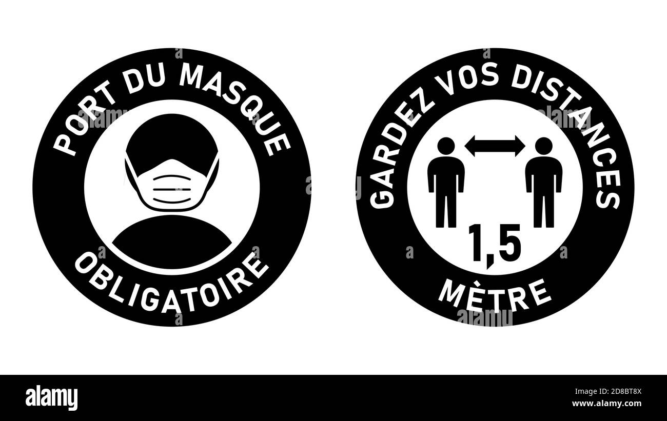 Cartelli rotondi in francese 'Port Du Masque obligatoire' (maschere facciali richieste) e 'Gardez Vos distanze' (mantenere la distanza) 1,5 metri. Immagine vettoriale. Illustrazione Vettoriale