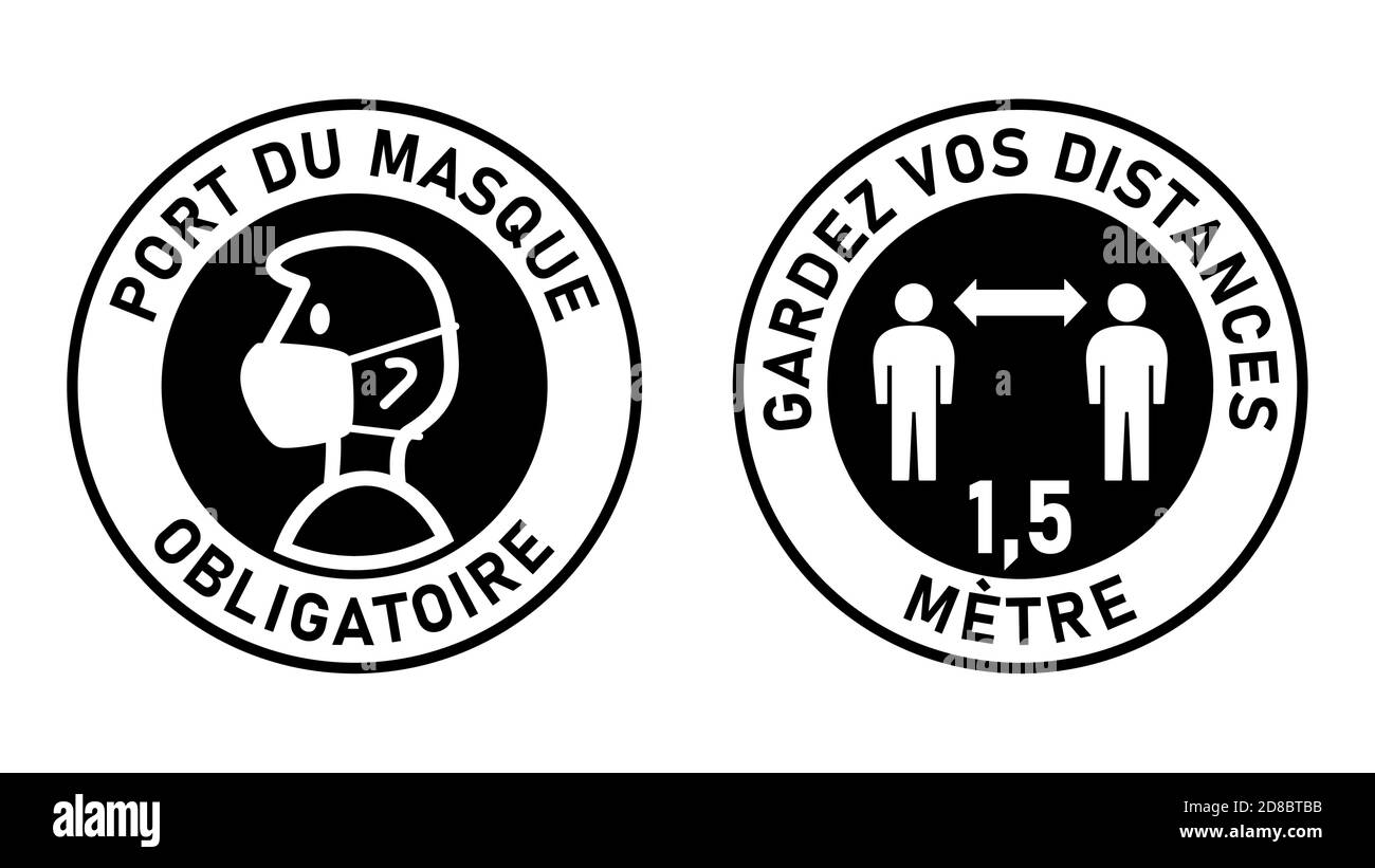 Cartelli rotondi in francese 'Port Du Masque obligatoire' (maschere facciali richieste) e 'Gardez Vos distanze' (mantenere la distanza) 1,5 metri. Immagine vettoriale. Illustrazione Vettoriale