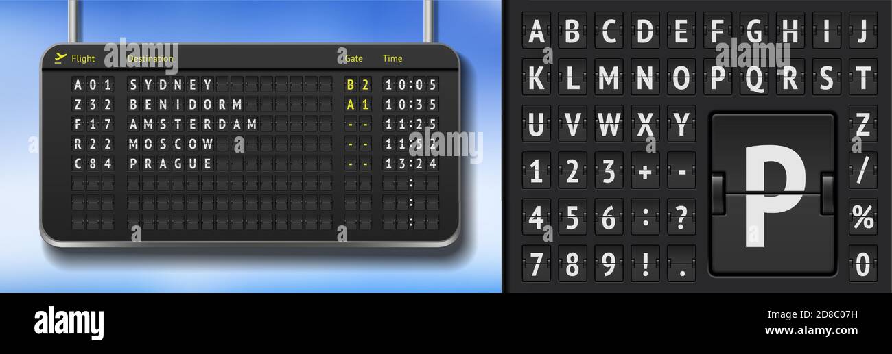 Scheda di partenza della compagnia aerea vettore isolata. Modello di lavagna da aeroporto flip realistico. Orario in 3D nero per l'aeroporto con segnapunti per gli arrivi Illustrazione Vettoriale