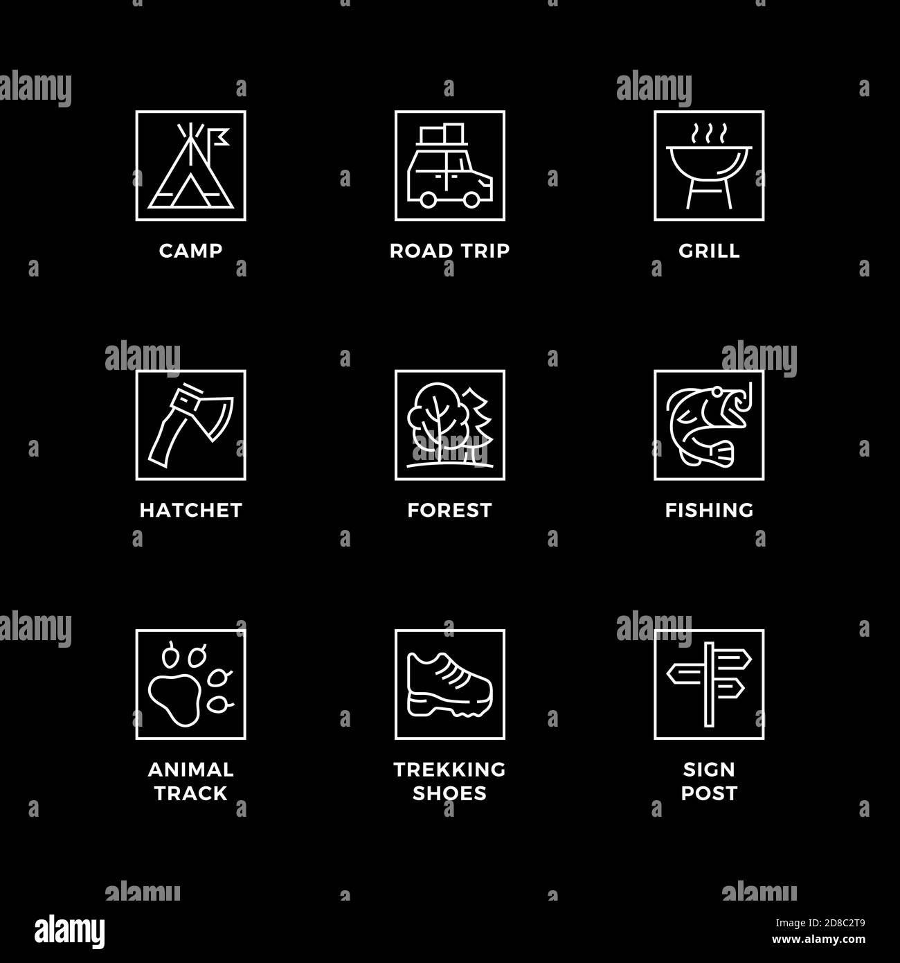 Insieme vettoriale di elementi di design, modello di logo, icone e badge per il campeggio. Set di icone di linea, tratto modificabile. Illustrazione Vettoriale