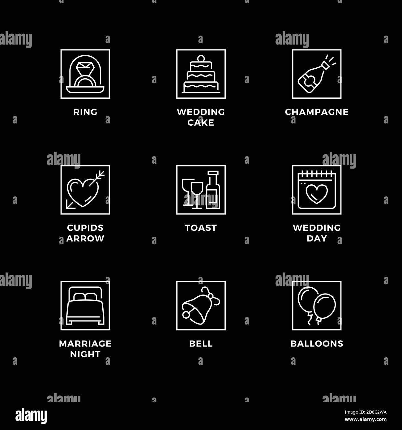 Insieme vettoriale di elementi di design, modello di logo, icone e badge per matrimoni. Set di icone di linea, tratto modificabile. Illustrazione Vettoriale