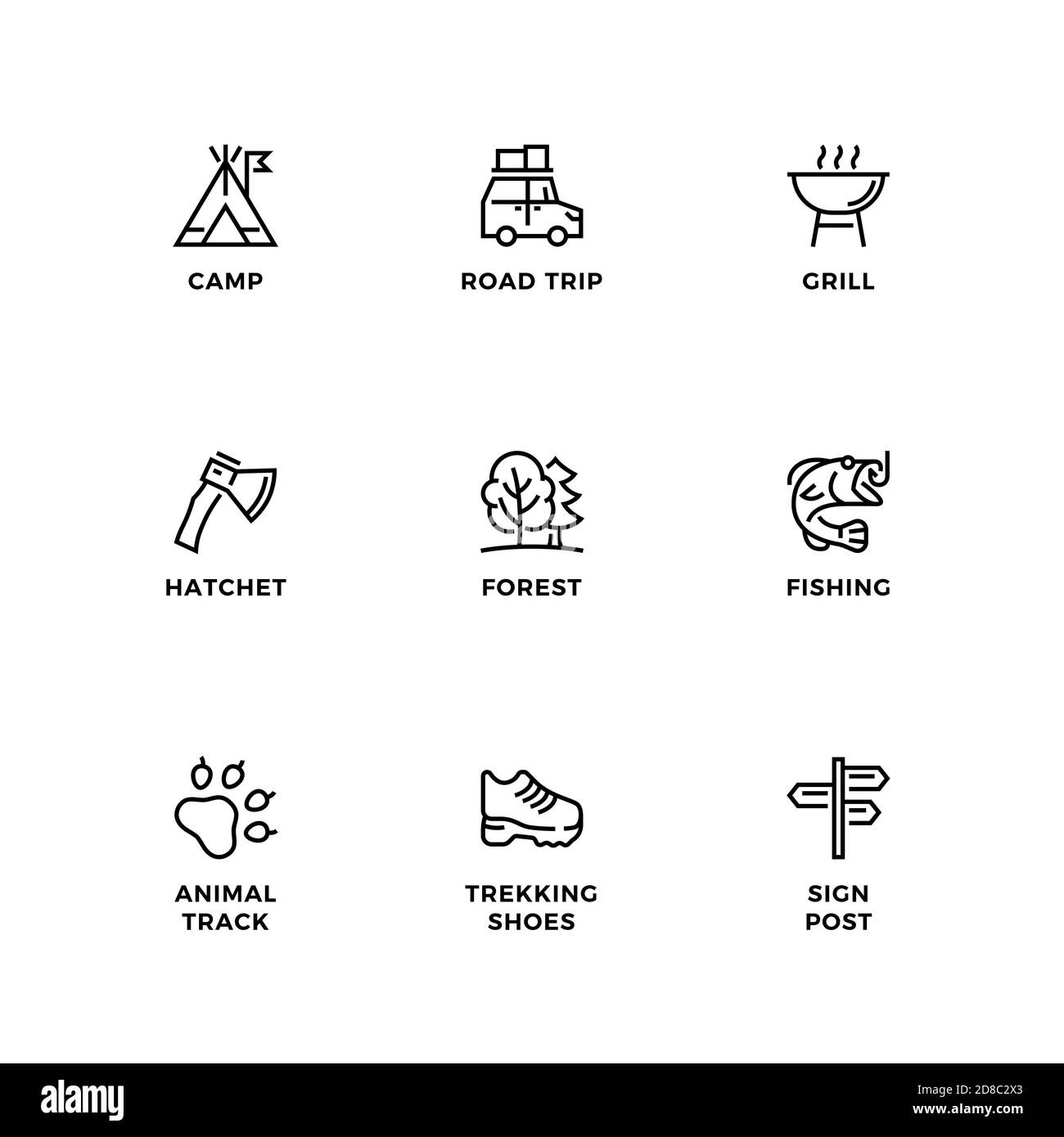 Insieme vettoriale di elementi di design, modello di logo, icone e badge per il campeggio. Set di icone di linea, tratto modificabile. Illustrazione Vettoriale