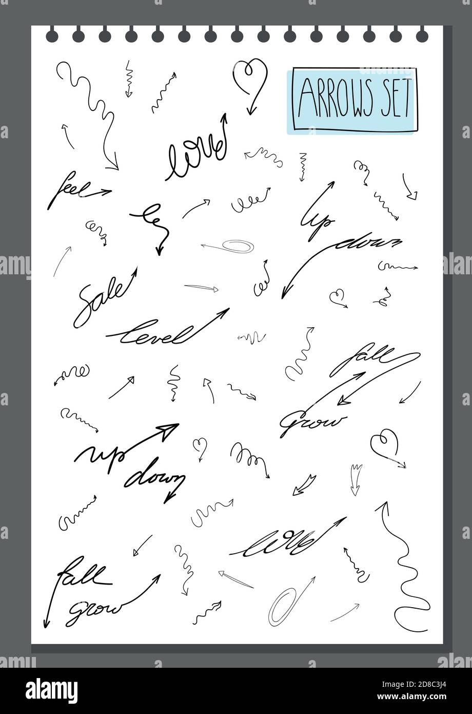 insieme vettoriale di frecce assortite disegnate a mano in stile doodle di schizzo isolate su bianco. lettere scritte a mano con frecce. insieme di elementi frecce per il vostro business design icone infografiche Illustrazione Vettoriale