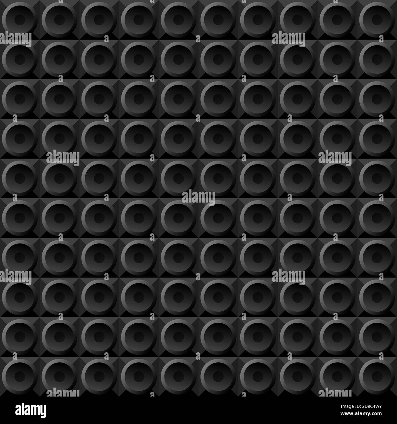 vector geometric seamless pattern cerchi neri su quadrati neri, dischi da disco stilizzati subwoofer. sfondo nero sul tema della casa di musica industriale rock metal alternative dubstep. Illustrazione Vettoriale