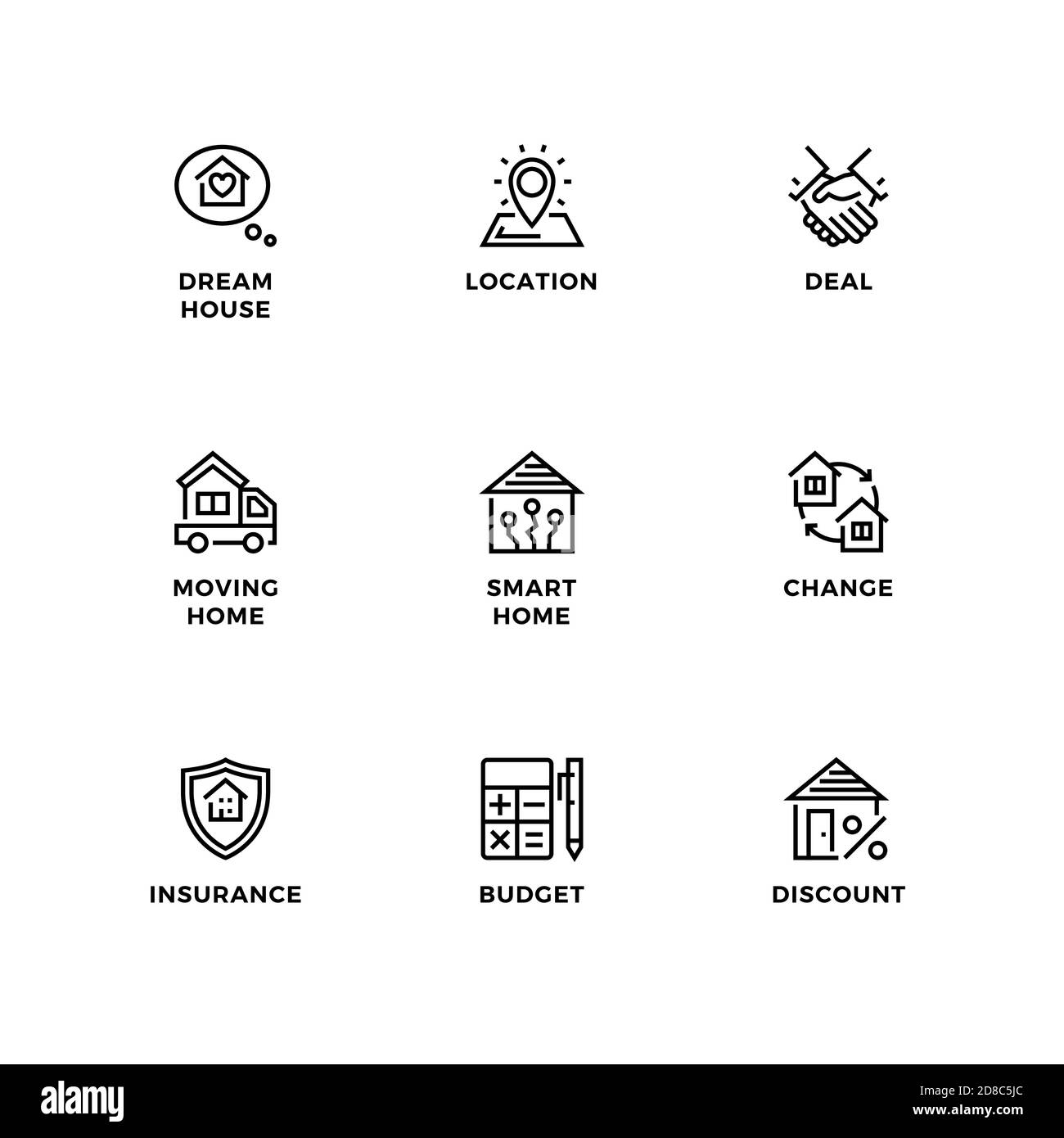 Insieme vettoriale di elementi di design, modello di logo, icone e badge per il settore immobiliare. Set di icone di linea, tratto modificabile. Illustrazione Vettoriale